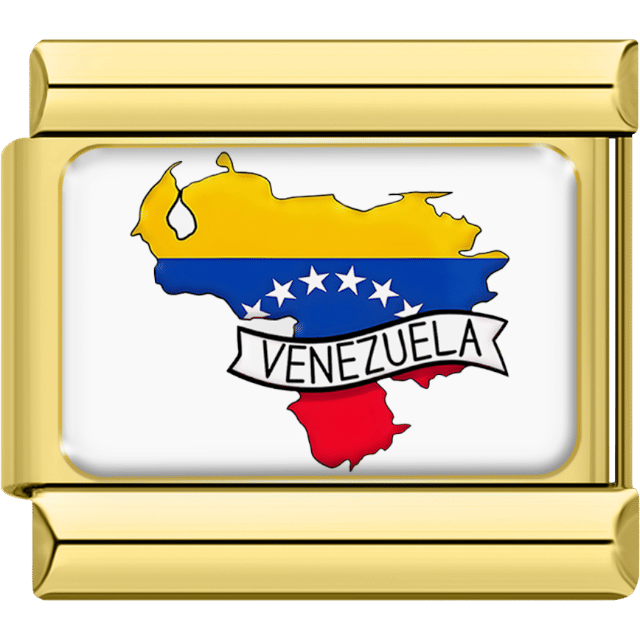 Italian charm with a gold border featuring the map of Venezuela in yellow, blue and red flag stripes with white stars, and a banner reading “Venezuela.”